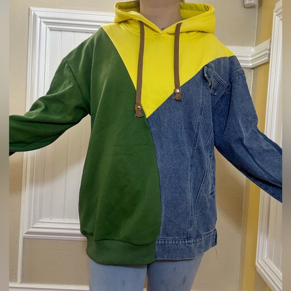 New Colorblock Hoodie with Denim and Buckle Details